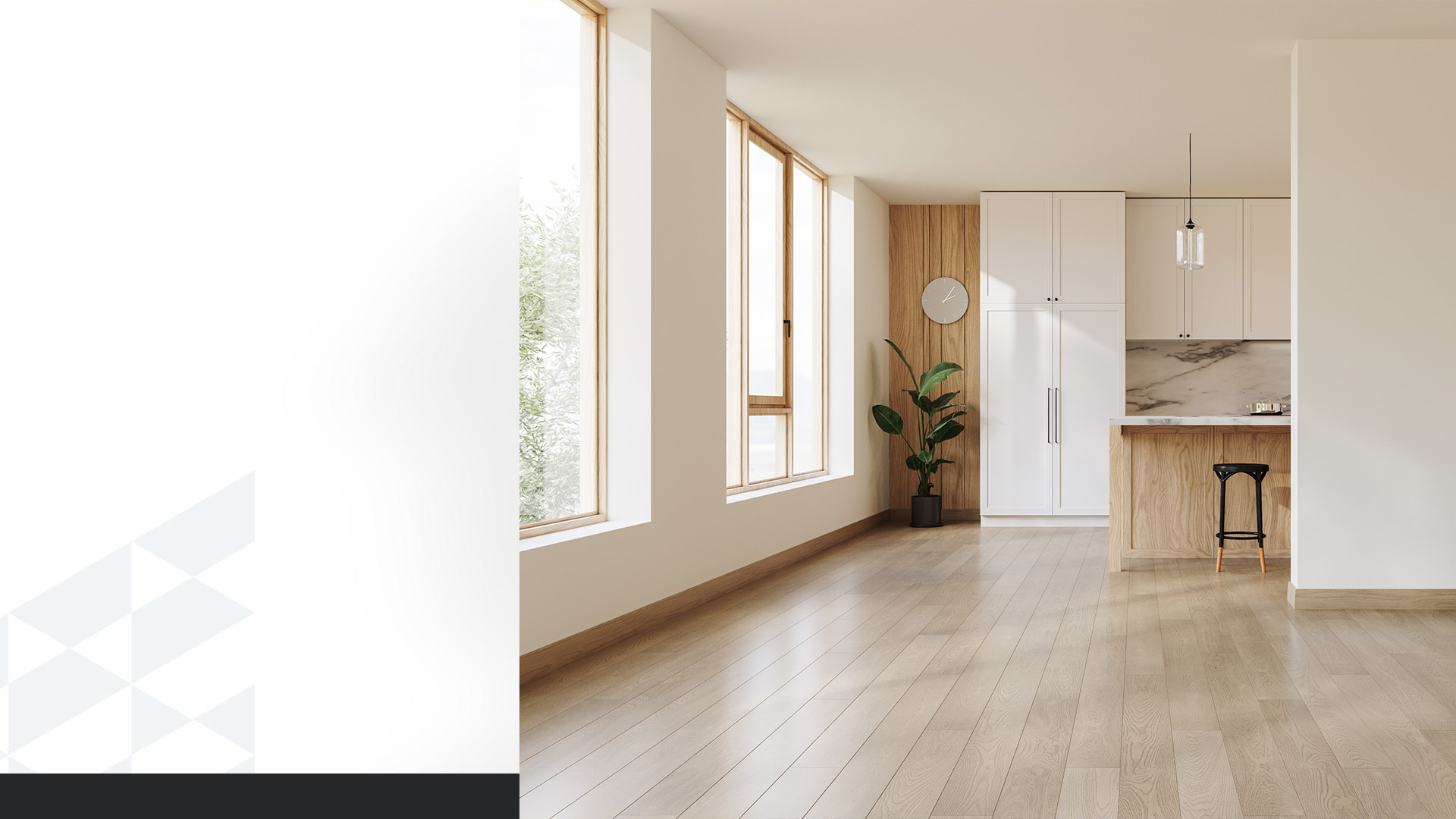 Heller Wohnraum mit Holzfußboden und moderner Küchenzeile
